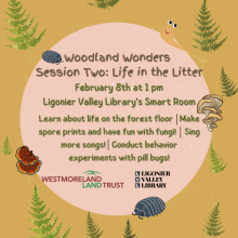 Woodland Wonders  Session Two: Life in the Litter. February 8th at 1 pm Ligonier Valley Library’s Smart Room. Learn about life on the forest floor. Make spore prints and have fun with fungi! Sing more songs! Conduct behavior experiments with pill bugs.